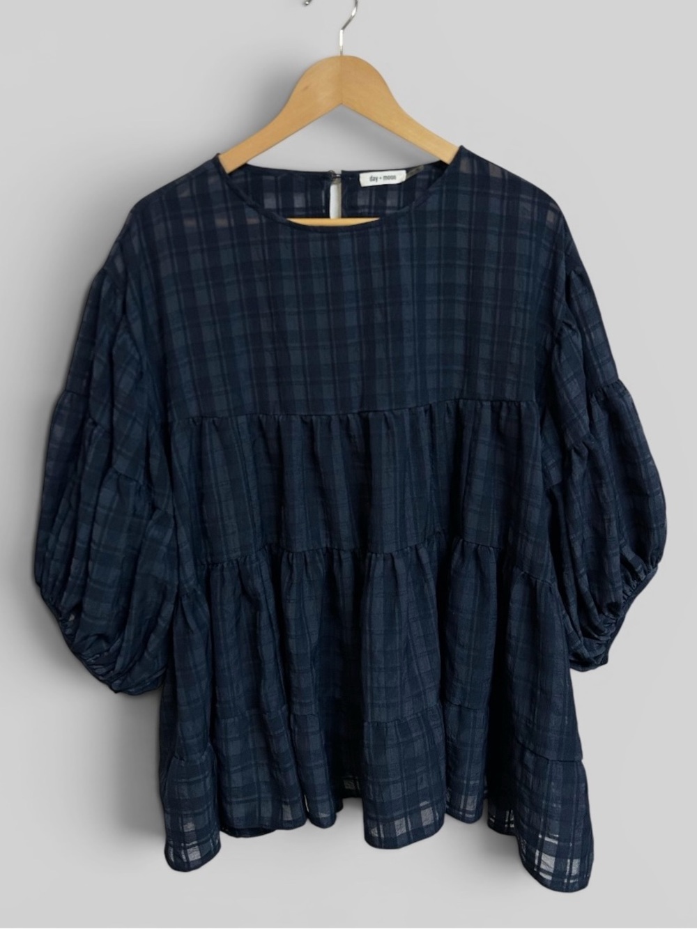 Day + Moon Navy Blue Plaid Babydoll Mini Dress Size Large Boho Puff Sleeve - Picture 2 of 6